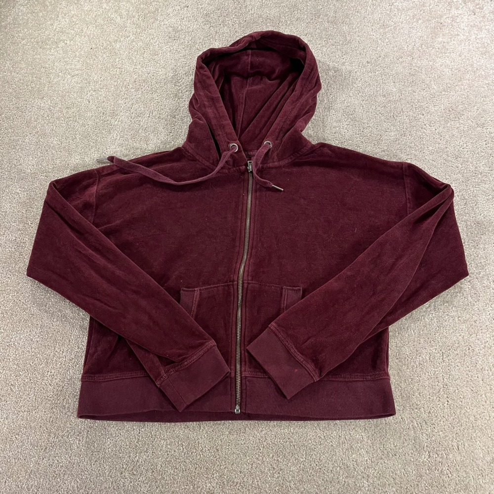 Aeropostale Velour Hoodie Womens Medium Burgundy Zip Up‎ Cropped Relaxed
